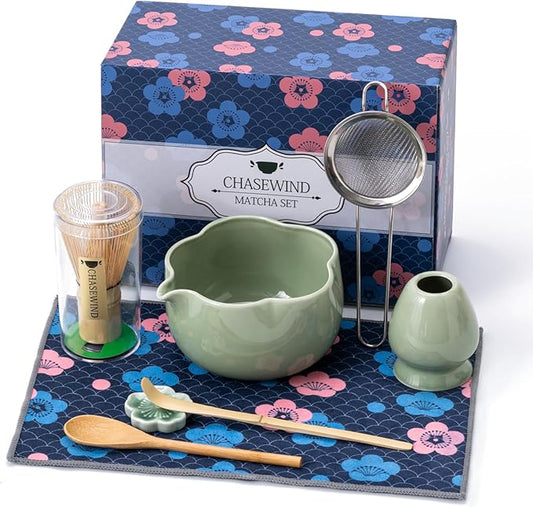 Matcha Set, 8Pcs Floral Ceramic Matcha Set with Matcha Whisk, Holder, Scoop, Scoop Rest, Sifter, Spoon and Tea Towel