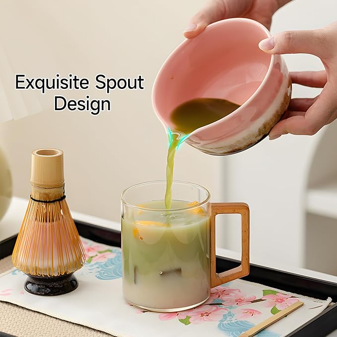 Pink Matcha Whisk Set, Ceramic & Bamboo Matcha Kit with Bowl, Whisk, Holder, Scoop, Sifter, Tea Towel Mat.Give gifts to family and friends