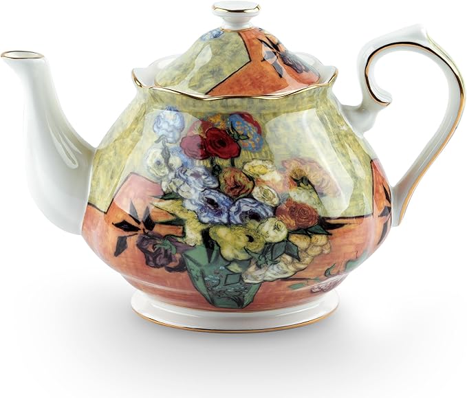 Teapot 30 oz Van Gogh Paintings Bone China Loose Tea Pot Floral Design Vintage Ceramic Coffee Water 