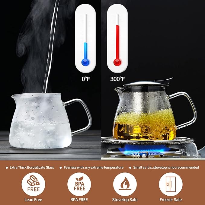 Glass Teapot Tea Pot with Removable Stainless Steel Infuser, 25oz / 760ml Borosilicate Glass Tea Kettle for Office Work