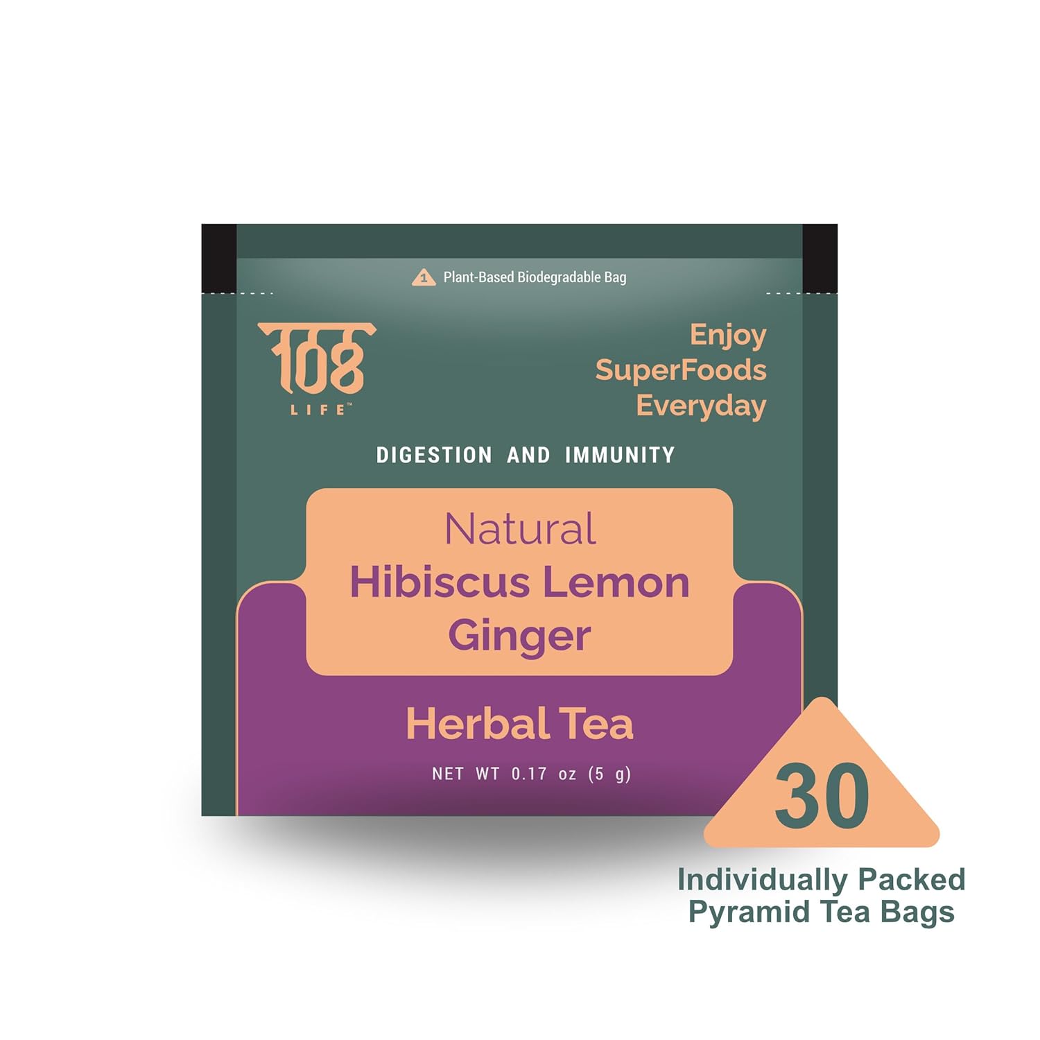 108 LIFE Natural Hibiscus Lemon Ginger Herbal Tea | 100% Natural | Caffeine Free | Supports Digestion & Immunity | With Plant-Based Biodegradable Bags | 30 Pyramid Tea Bags