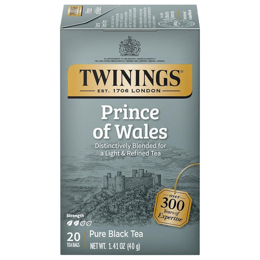 Twinings Prince of Wales Black Tea Individually Wrapped Bags, 20 Count, Velvety Smooth & Mild, Caffeinated, Enjoy Hot or Iced, 20 Teabags