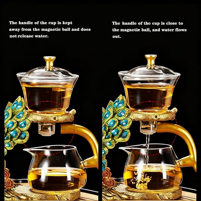 Lazy Kungfu Glass Tea Set Heat Resistant Semi Automatic Drip Rotating with Infuser Magnetic Teapot Set for Gongfu Tea Making Ideal (Peacock)