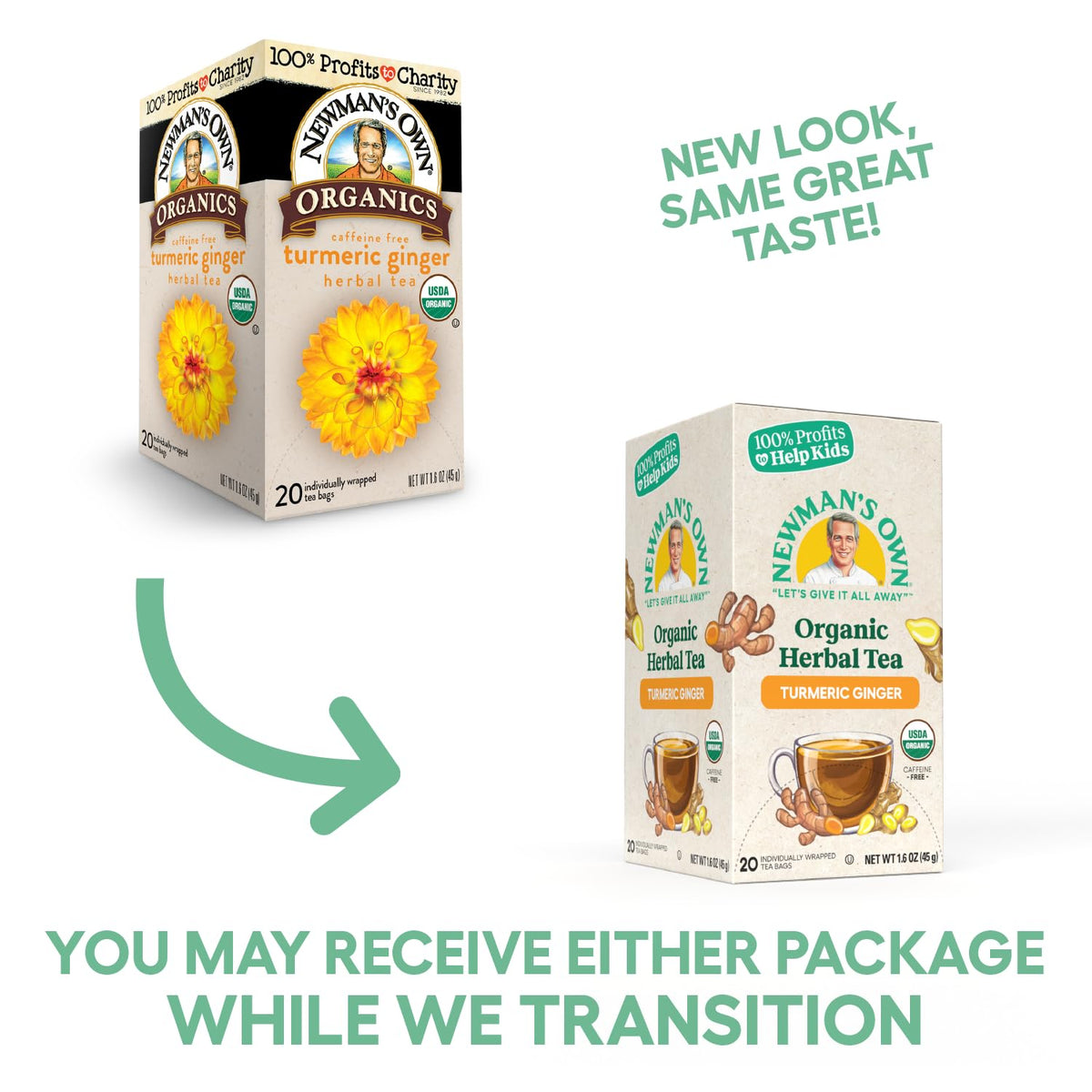 Newman's Own Organic Turmeric Ginger Herbal Tea, Caffeine-Free, Savory & Spicy Flavors Combined For The Perfect Cup Of Tea, 6