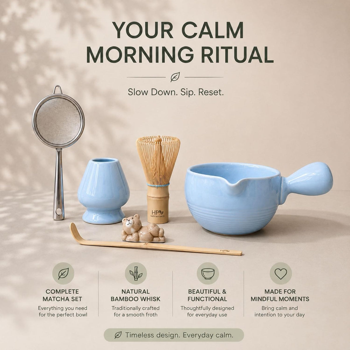 HAPPY PATH &amp; CO Patented Matcha Bowl Set with Handle &amp; Spout - Spill-Free Pouring | Complete Matcha Set for Beginners | Includes Bamboo Whisk, Scoop &amp; Stand (Sky Bear - Pastel Blue)