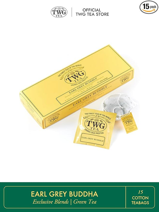 TWG Tea | Earl Grey Buddha | Green Tea | Bergamot & Rose Petals | 15 Hand Sewn Cotton Tea Bags | Gift Set