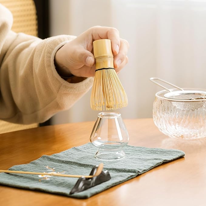Japanese Tea Set (7pcs) Matcha Whisk Set Matcha Bowl with Pouring Spout Bamboo Matcha Whisk (chasen) Scoop (chashaku) Matcha Whisk Holder Tea Making Kit. WHITE GLASS