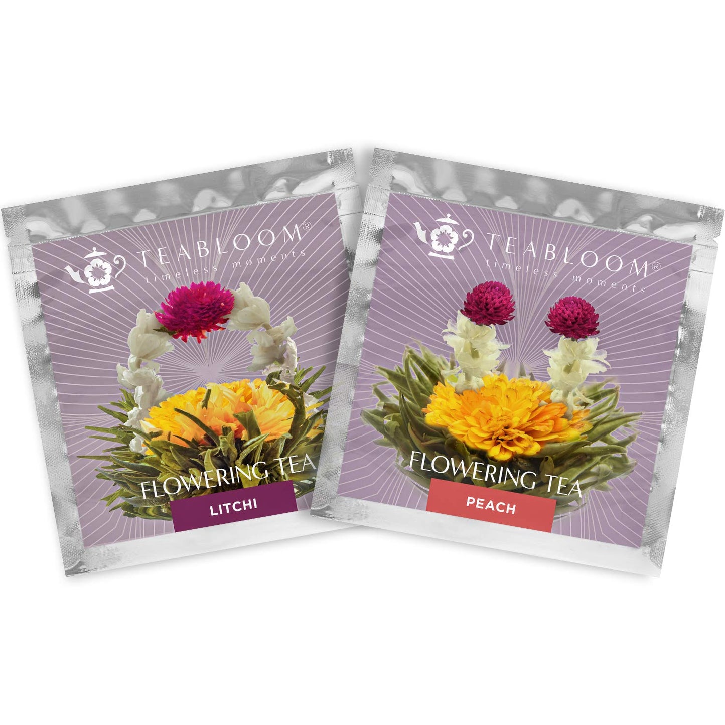 Teabloom Litchi & Peach Flowering Teas – Hand-Tied Flowering Tea Balls - Each Tea Blossom Can Be Used Multiple Times (2-Pack)