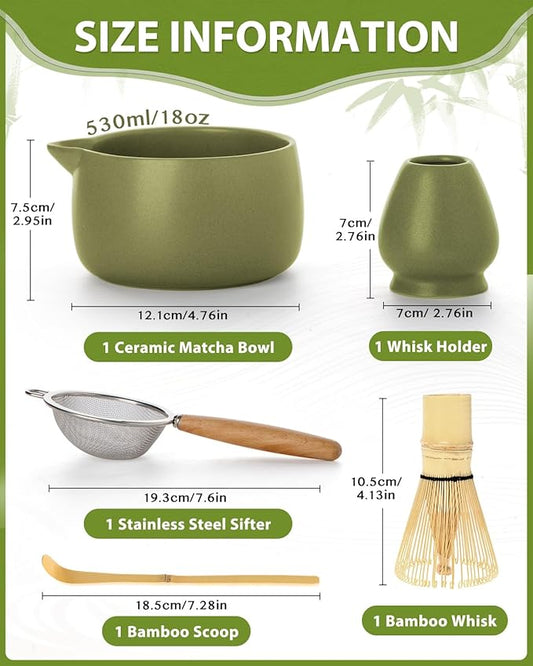 20OZ Matcha Whisk Set - 5PCS Japanese Tea Set Includes Matcha Bowl with Spout, Bamboo Whisk with Ceramic Holder, Bamboo Scoop and Sifter