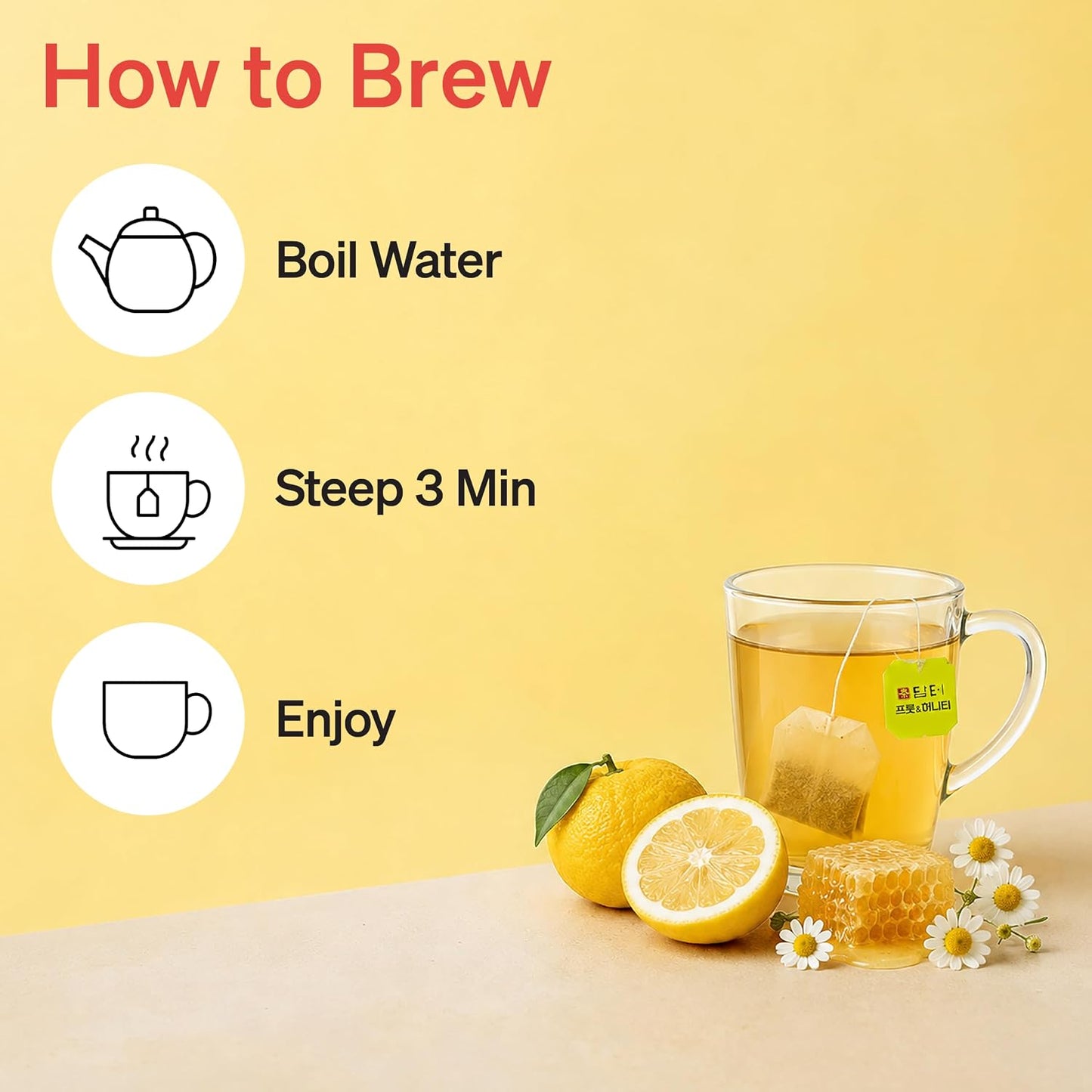 Damtuh Korean Yuzu Honey Chamomile Tea Bags, Caffeine-Free, 20 Count | Bright yuja citrus with floral chamomile; sugar-free, 0 calories; 1 g tea bags, individually wrapped