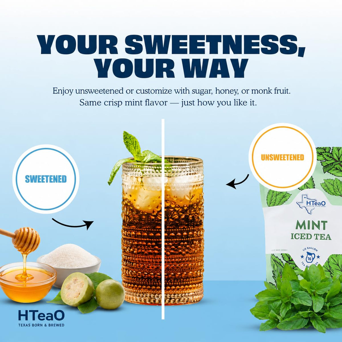 HTeaO Mint Iced Tea Bags - Makes 8 Gallons - Texas Style - Black Tea
