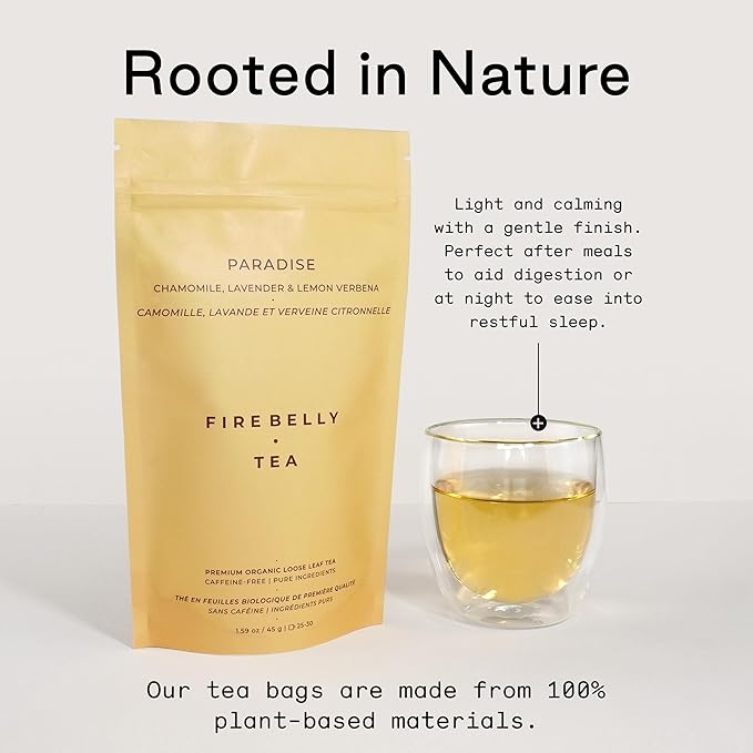 Firebelly Tea Paradise, Organic Chamomile, Lemon Verbena & Lavender Tea, Loose Leaf Herbal Blend, Caffeine Free, Relaxing Calming Tea for Evening & Sleep Support, 1.59oz