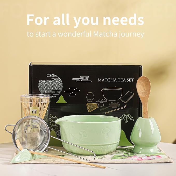 Matcha Set, 8-Piece Ceramic Matcha Bowl & Whisk Kit with Mushroom Pattern, Traditional Japanese Chawan, Bamboo Chasen, Scoop & Sifter, Gift for Tea Lovers, Zen Tea Ceremony Accessories (green)