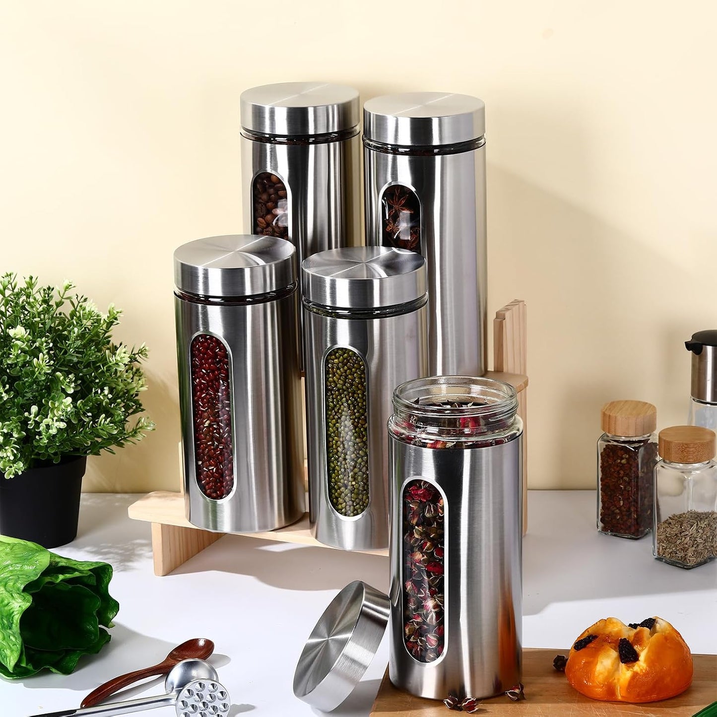 Mimorou 6 Pack 44 oz Airtight Stainless Steel Kitchen Canisters, Silver | Set Window Canister Jars, Coffee Tea Sugar, Quick Refill Check, Pantry Organization, Countertop Storage, Spice and Candy Jars