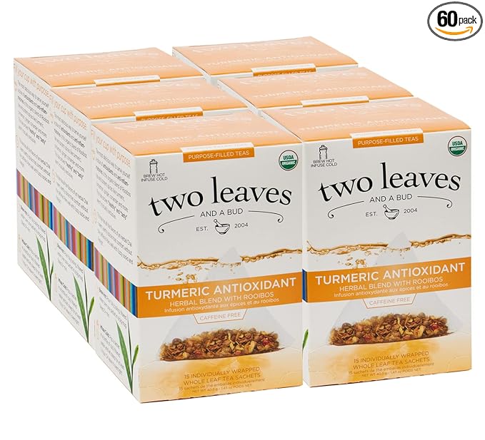 Two Leaves and a Bud Organic Turmeric Tea, Naturally Caffeine Free, Whole Leaf Herbal Tea in Sachets, 15 Count (Pack of 6)