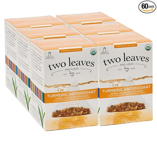Two Leaves and a Bud Organic Turmeric Tea, Naturally Caffeine Free, Whole Leaf Herbal Tea in Sachets, 15 Count (Pack of 6)