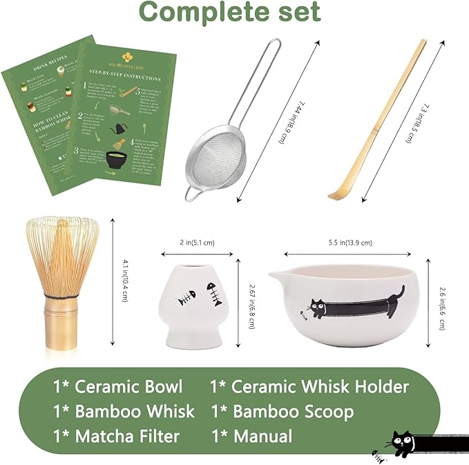 Matcha Whisk Set Cat Themed, Cute Japanese Matcha Set Preparation Gift Kit Including Ceramic Bowl and Whisk Holder, Bamboo Scoop, Birthday Gift for Women Girls Wife, White
