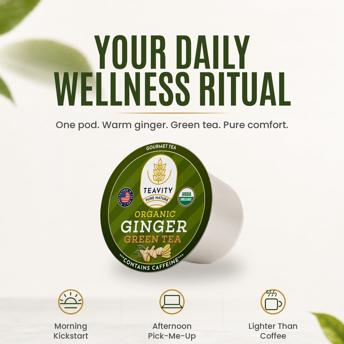 Teavity Organic Ginger Green Tea Pods, Keurig K-Cup Compatible, 12 Count