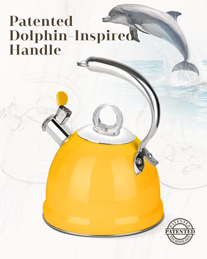 Harriet Tea Kettle Stovetop, 2.5 QT Whistling Stainless Steel Teapot, 3-Layer Base, Unique Ergonomic Handle, Includes Pot Holder & Mat
