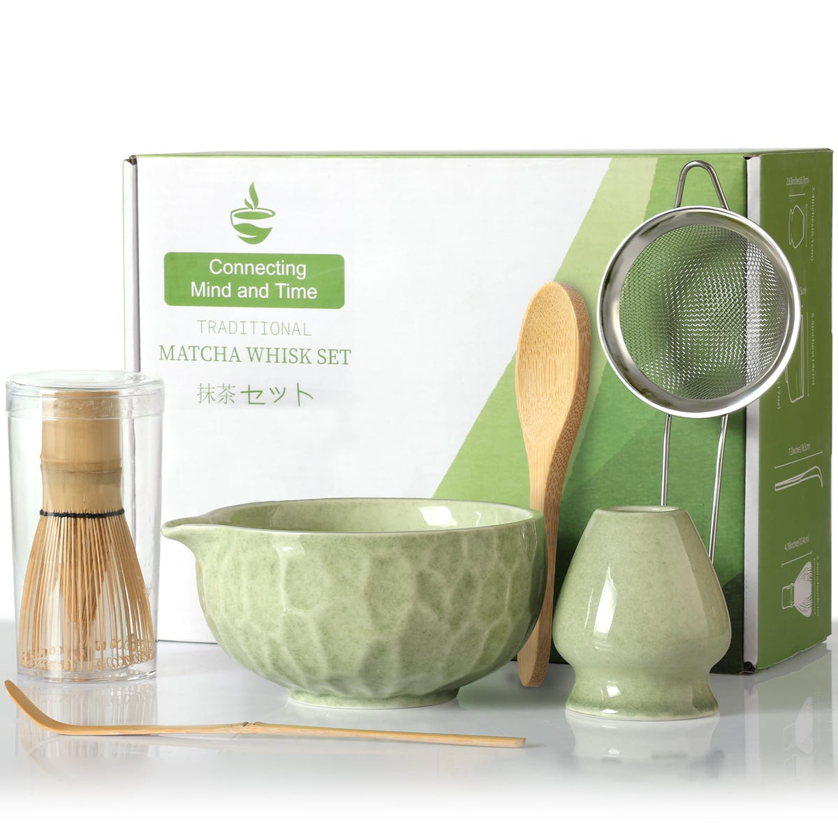 Boosolo Matcha whisk Set,Japanese Matcha Set,Matcha Bowl with Spout,Matcha Whisk and Holder,Bamboo Scoop,Sifter - 6 Pcs Tea