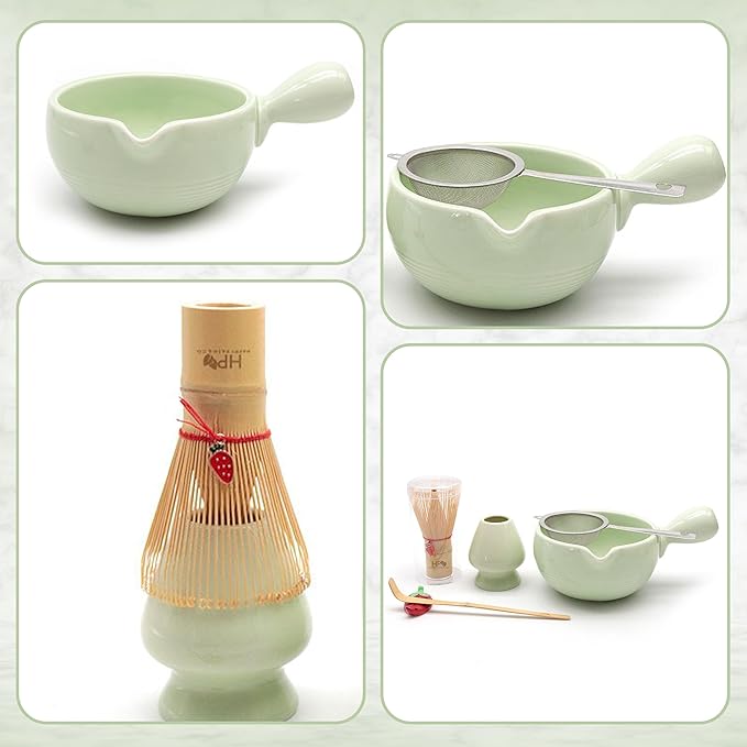Happy Path & CO Matcha Whisk Set – 6 Pcs Matcha Tea Set Includes Bamboo Whisk(Chasen) & Holder,Bowl with Spout,Sifter,Scoop & Stand