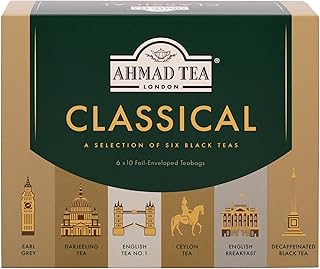 Ahmad Tea Black Tea, Classic Selection Pack Teabags, 60 Foil Teabags - Caffeinated, Decaffeinated, & Sugar-Free