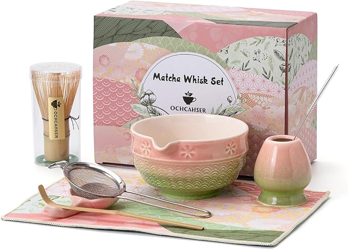Matcha Tea Set, 8 Pcs Japanese Matcha Kit with Cherry Blossom and Wave Design Ceramic Bowl, Bamboo W