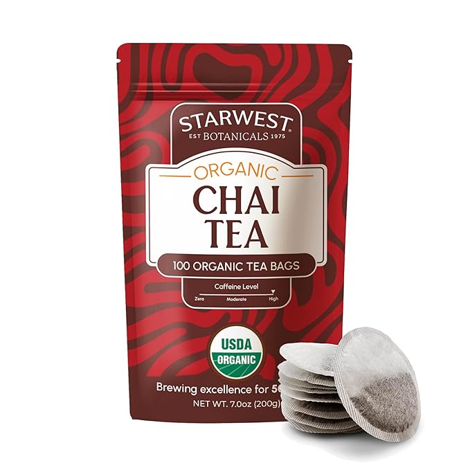 Starwest Botanicals Organic Chai Tea - Caffeinated Herbal Blend with Black Tea & Cinnamon, String Fr