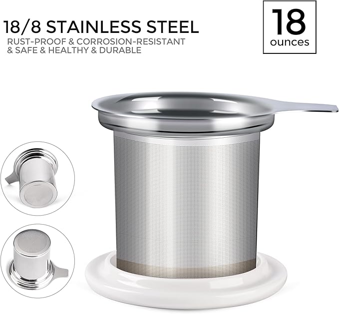 Gbhome Tea Mug with Infuser and Lid, 18 Ounce Large Ceramic Loose Leaf Cup, Microwave, Dishwasher Safe, Perfect For Tea Lovers