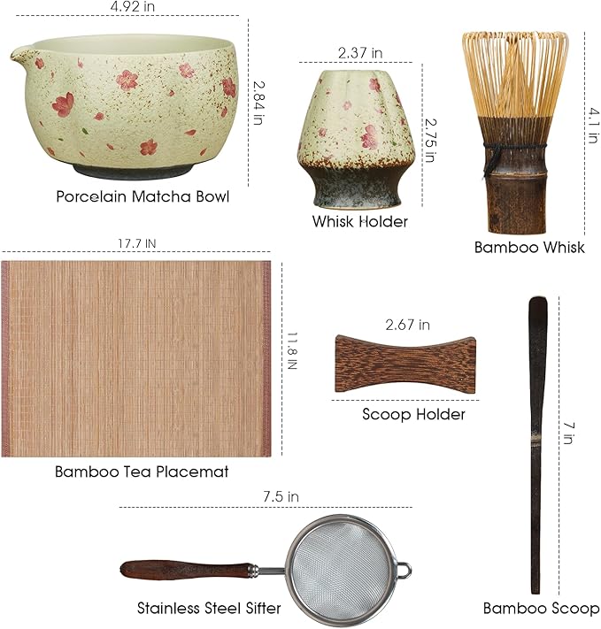 7-Piece Matcha Set with Ceramic Matcha Bowl, Bamboo Whisk (Chasen) & Holder, Sifter, Tea Scoop & Rest, Special Bamboo Tea Mat
