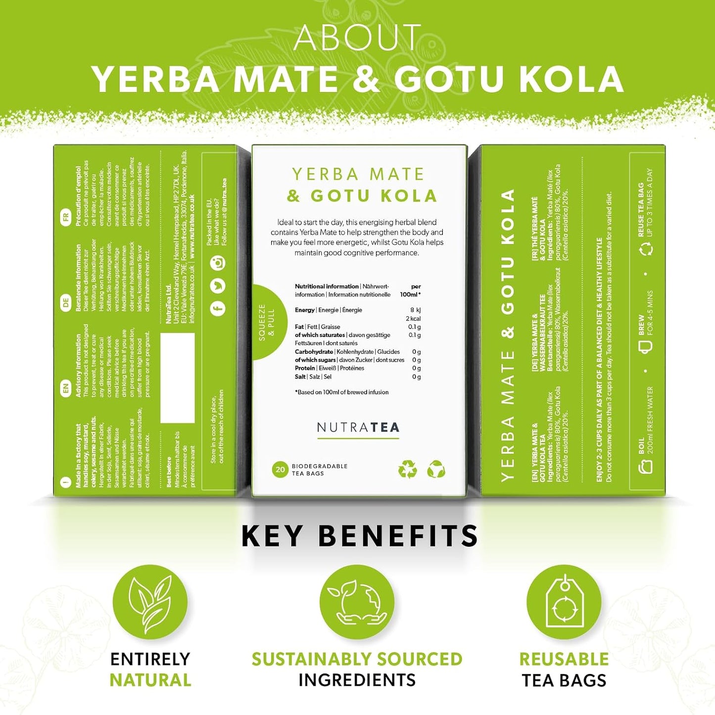 Nutra Tea - Yerba Mate &amp; Gotu Kola - Yerba Mate Tea, Focus Tea - With Centella Asiatica - Caffeine Alternative Without the Jitters - 20 Individually Wrapped Bags - Herbal Infusion (1 Pack)