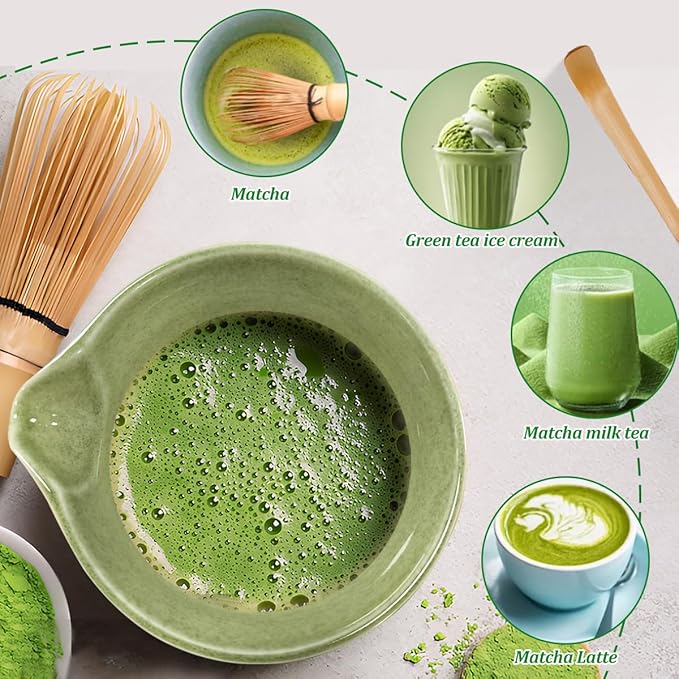 Matcha Whisk Set, 5 Pcs Matcha Kit for Matcha Lovers, 17 OZ Matcha Bowl with Spout, Bamboo Whisk, Scoop, Stainless Sifter and Ceramic Whisk Holder, Unique Gifts for Tea Enthusiasts Birthday Christmas