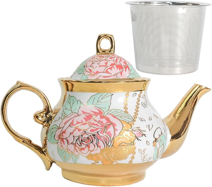 Classic Vintage British Royal Style Ceramic Teapot, 30OZ Large Teapot Perfect for Everyday Gathering