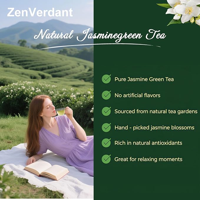 ZenVerdant Premium Jasmine Green Tea Loose Leaf | 7x Scented, Low Caffeine, High Antioxidant | Cold Brew Ready, Smooth Taste, Natural Floral Notes