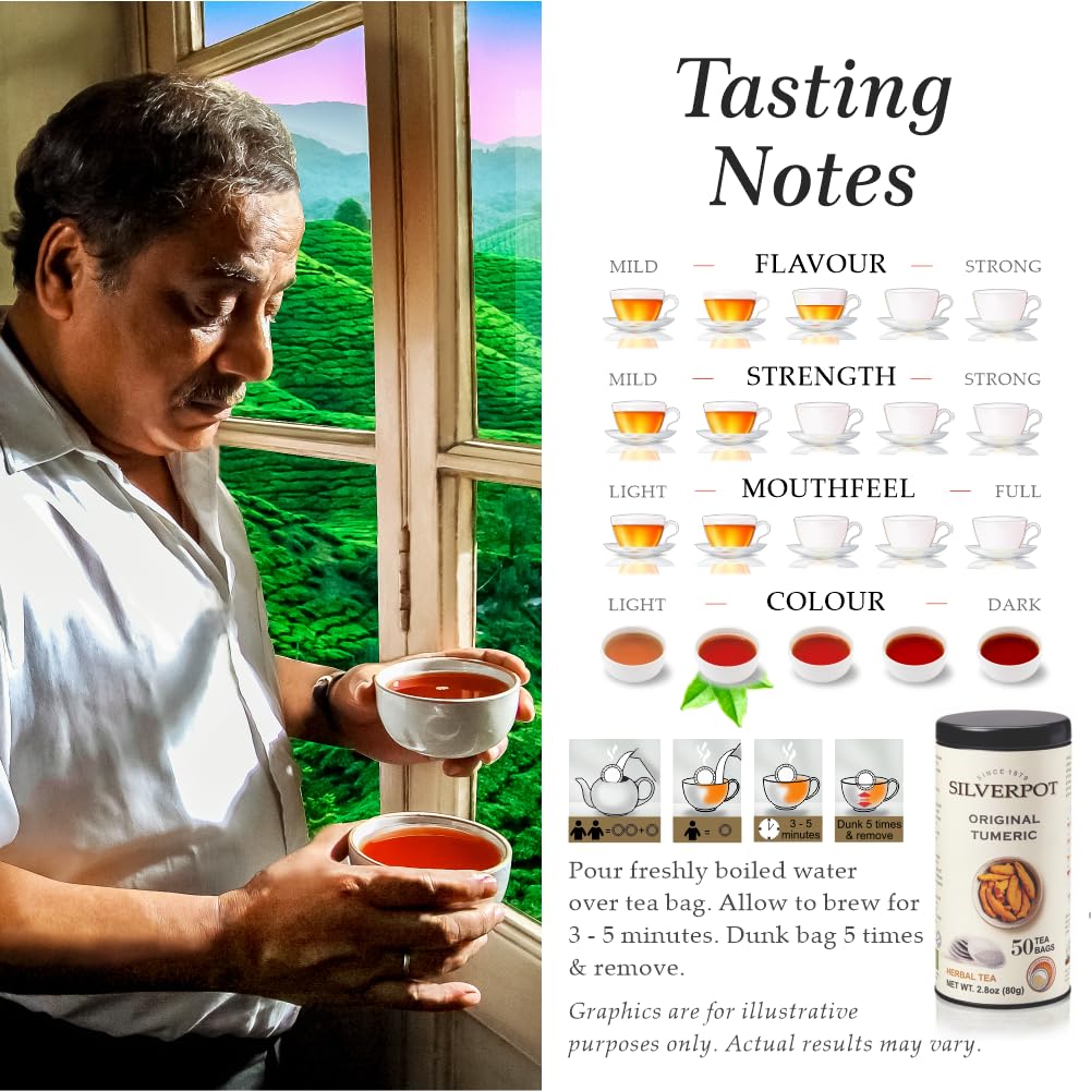 Silverpot Turmeric Tea Bags, 50 Count, Turmeric Root Powder, Warming, Herbal Tea, Hot or Iced, Caffeine Free, 100% Natural