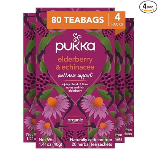 Pukka Elderberry & Echinacea Organic Herbal Tea, Perfect for Wellness Support, Caffeine Free, 80 Total Tea Bags (20ct - Pack of 4)