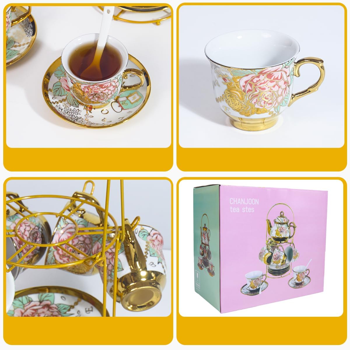 CHANOON Vintage StyleGold-Plated Red Rose Ceramic Tea Set Serving 6 People