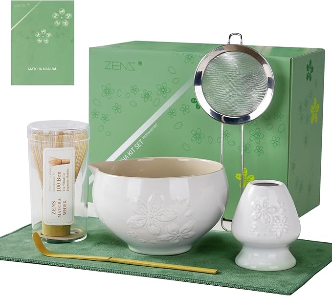ZENS Matcha Whisk Set, Ceramic Matcha Set Includes 15oz Sakura Bowl, Bamboo Whisk & Chasen Holder, Scoop & Sifter-Tea Towel, 6pcs Matcha Kit for Matcha Lovers, White