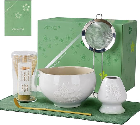 ZENS Matcha Whisk Set, Ceramic Matcha Set Includes 15oz Sakura Bowl, Bamboo Whisk & Chasen Holder, Scoop & Sifter-Tea Towel, 6pcs Matcha Kit for Matcha Lovers, White