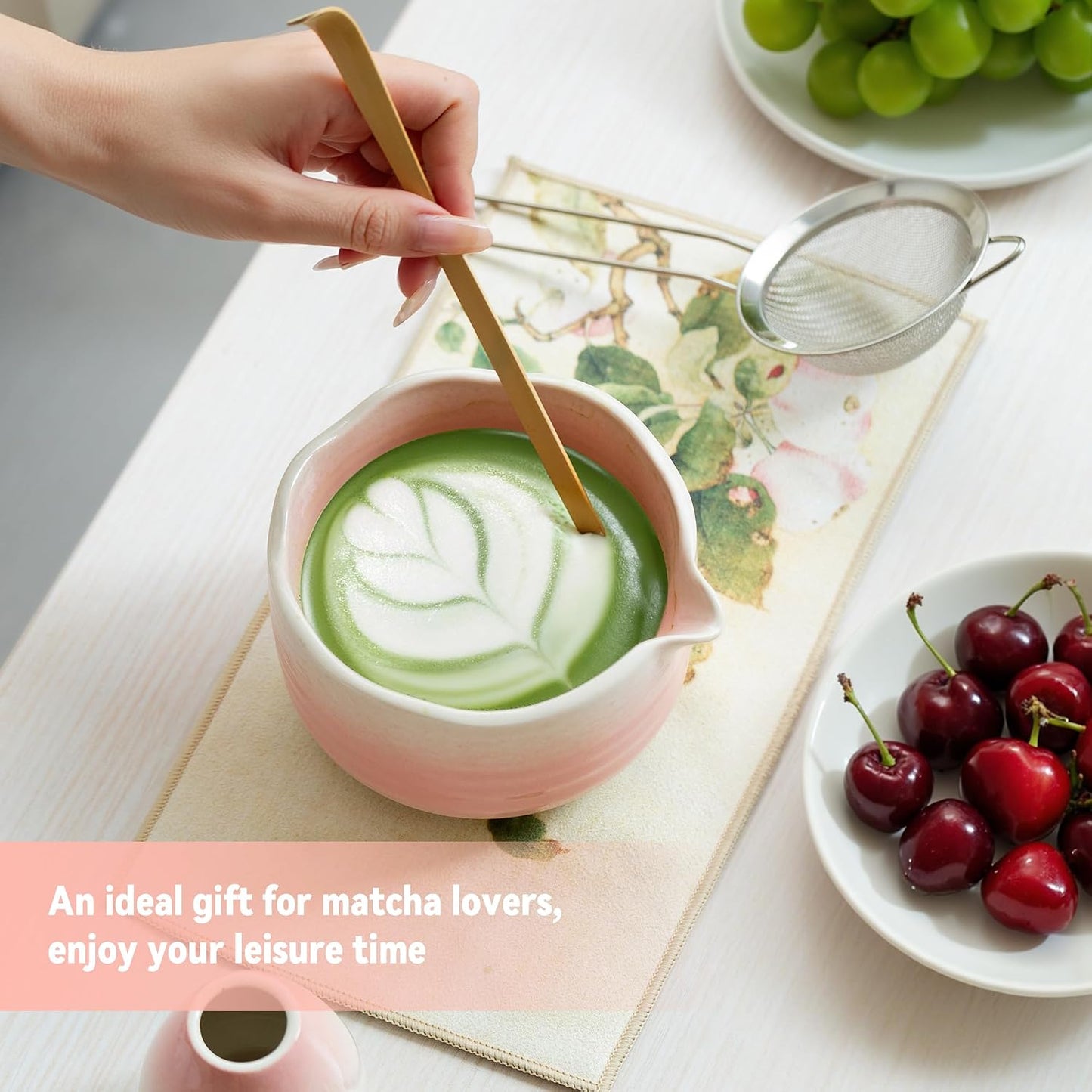 Matcha Whisk Set Ceramic Matcha Set Includes Bowl,Spout Bamboo Chasen Whisk with Ceramic Holder, Matcha Scoop and Stainless Sifter, Matcha Kit Valentine's Day Gifts for Women(7Pcs,Pink)
