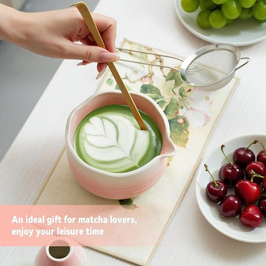 Matcha Whisk Set Ceramic Matcha Set Includes Bowl,Spout Bamboo Chasen Whisk with Ceramic Holder, Matcha Scoop and Stainless Sifter