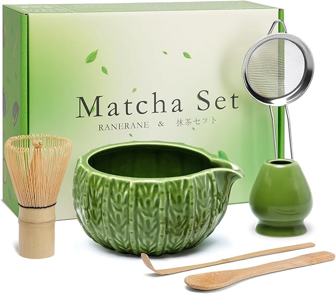 Matcha Whisk Set, Cactus Light Green Ceramic Matcha Set Includes Matcha Bowl, Matcha Whisk (Chasen) and Holder, Sifter, Bamboo Scoop & Spoon