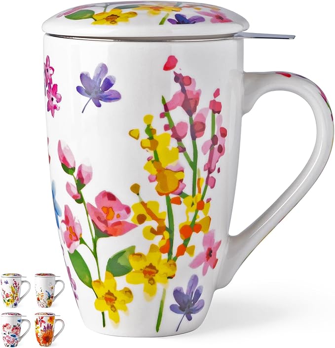 Gbhome Tea Mug with Infuser and Lid, 18 Ounce Large Ceramic Loose Leaf Cup, Microwave, Dishwasher Safe, Perfect for Tea Lovers