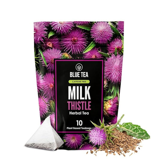 BLUE TEA - Milk Thistle Tea - 10 Count - Pyramid Plant Based Tea Bag | Liver Cleaning and Immune Support | Milk Thistle Seeds - Caffeine Free - Herbal Tea - Non Bitter | Zipper Pack