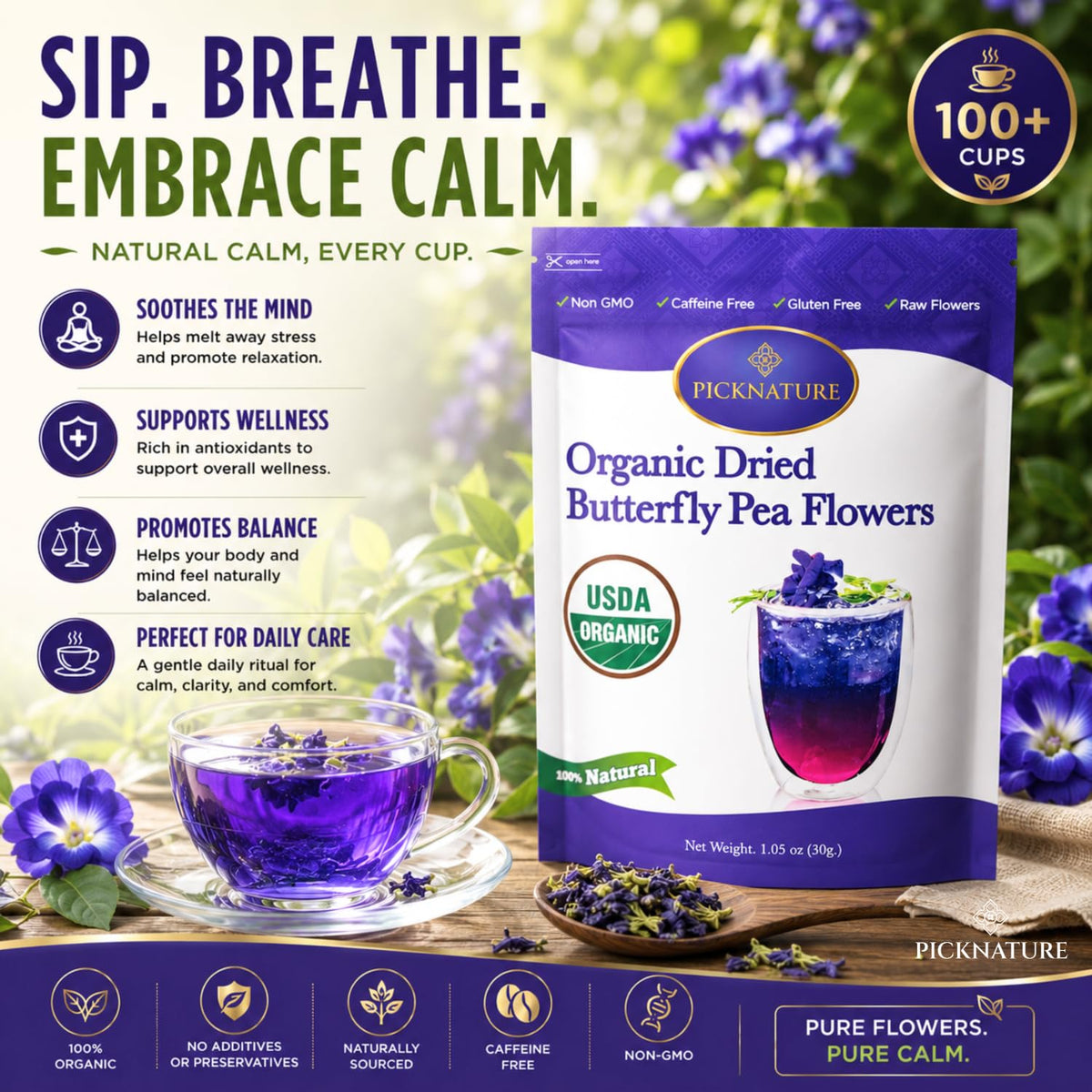 PICKNATURE Organic Butterfly Pea Flower Tea Loose Leaf | Dried Butterfly Pea Flower | Blue Tea Natural Food Coloring | USDA