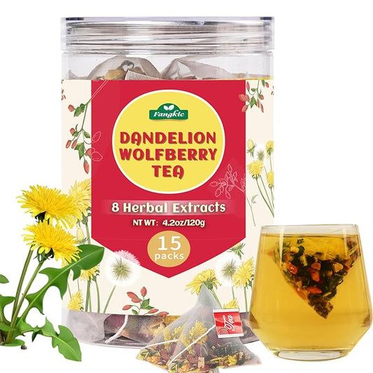 Fangkic 15 Packs Dandelion Root Wolfberry Tea, 8 Herbal Tea Bags Blend of Dandelion, Goji Berry, Jujube Dates, Rose, Licorice, Chrysanthemum