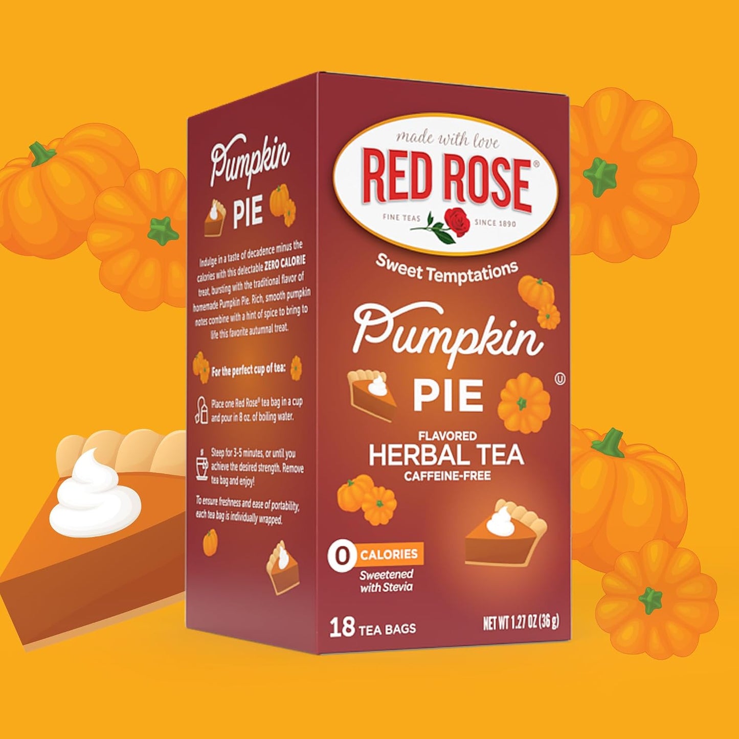 Red Rose Sweet Temptations Pumpkin Pie Dessert Herbal Tea, 18 Bags, 2 Pack | Sweet, dessert-inspired herbal tea | Naturally flavored | Caffeine-free | Ideal sweet treat