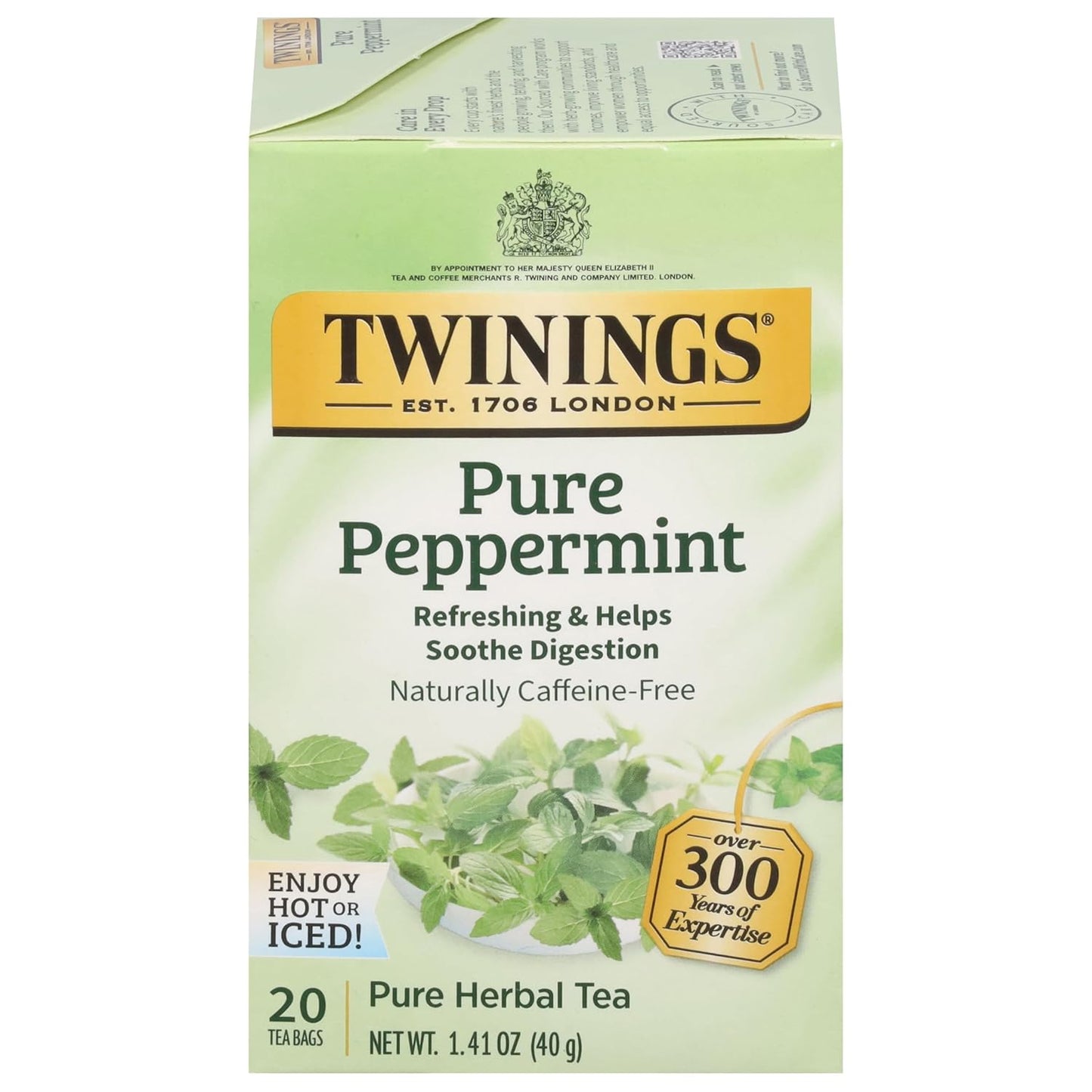 Twinings Pure Peppermint Herbal Caffeine-Free Tea Bags, 20 CT Box (1 Pack) | Fresh Minty Flavour, Soothes Digestion, Naturally Caffeine-Free, 20 Foil Lined Individually Wrapped Bags, Enjoy Hot or Iced