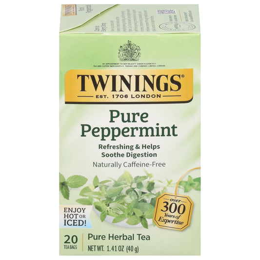 Twinings Pure Peppermint Herbal Caffeine-Free Tea Bags, 20 CT Box (1 Pack) | Fresh Minty Flavour, Soothes Digestion, Naturally Caffeine-Free, 20 Foil Lined Individually Wrapped Bags, Enjoy Hot or Iced
