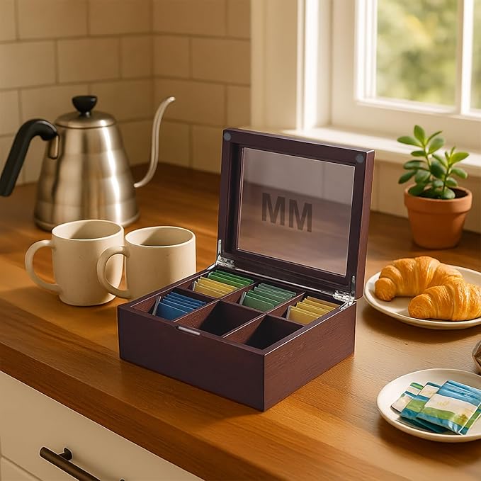 Bey-Berk Custom Engraved Mahogany Tea Storage Chest with Glass Lid – 6-Compartment Box for Tea Bags & Accessories